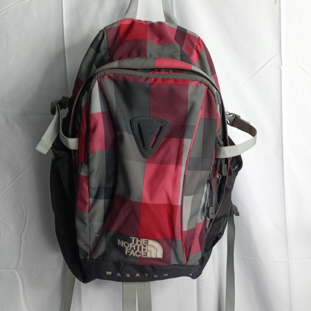 The North Face Wasatch Backpack Red Grey Plaid Daypack Hiking Bag s9